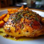 Close-up of Baked Chicken with Sweet Potatoes, seasoned with rosemary and herbs, on a white plate.