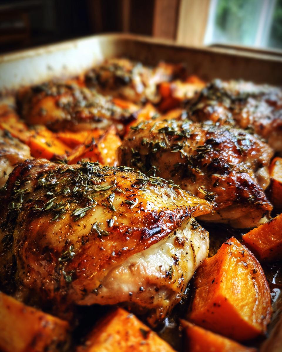 Close-up of Baked Chicken with Sweet Potatoes in a baking pan, seasoned with herbs.
