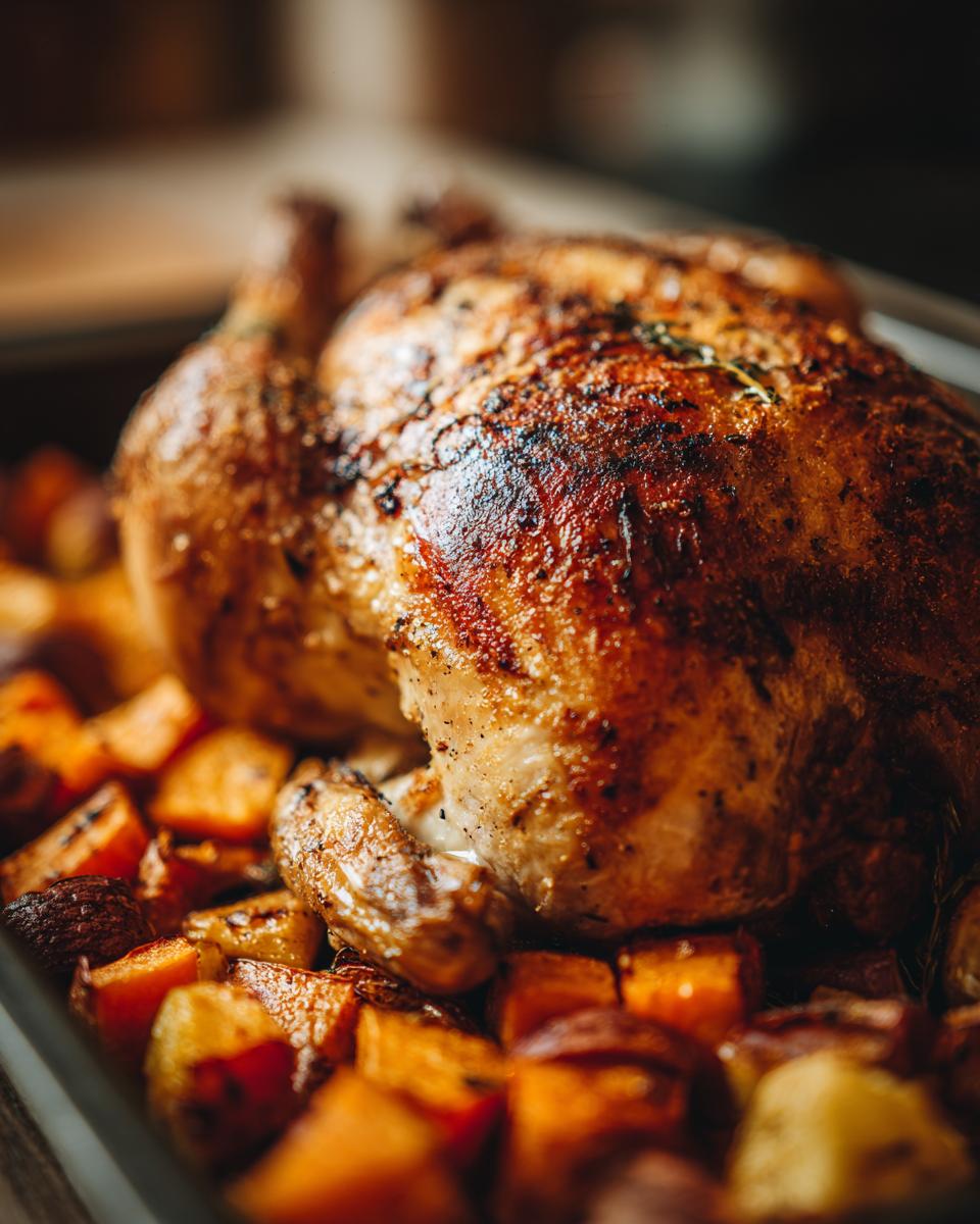 Close-up of a whole roasted Baked Chicken with Sweet Potatoes on a baking sheet.