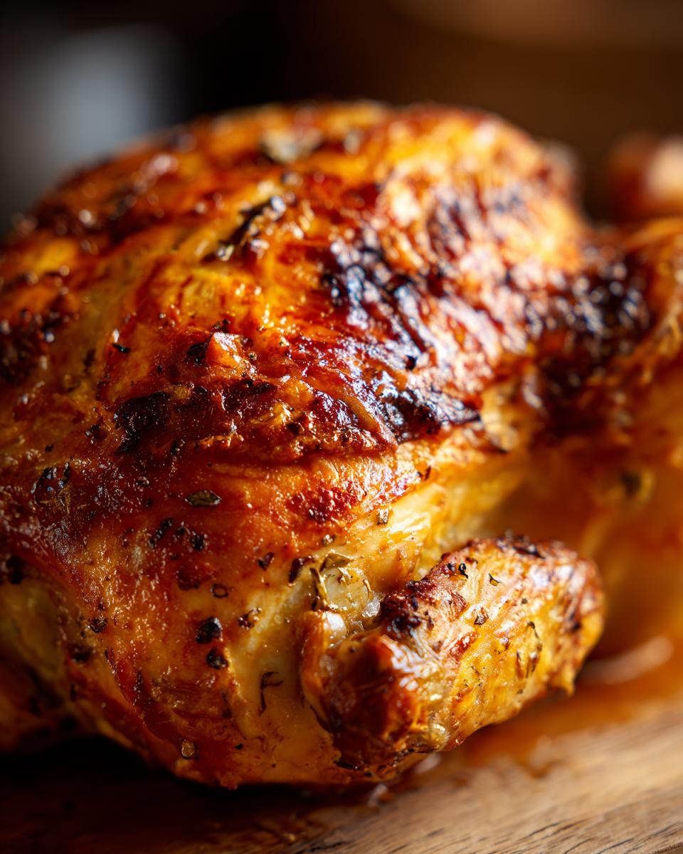 Close up of a perfectly roasted Baked Chicken with Sweet Potatoes, featuring a crispy skin and juicy meat.