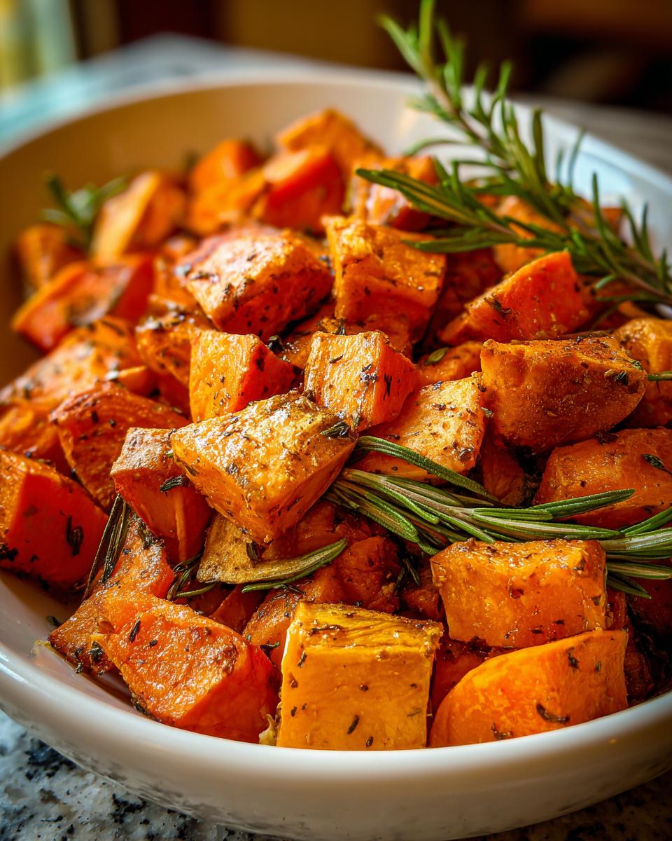 Close-up of roasted Baked Chicken with Sweet Potatoes, garnished with rosemary in a white bowl.