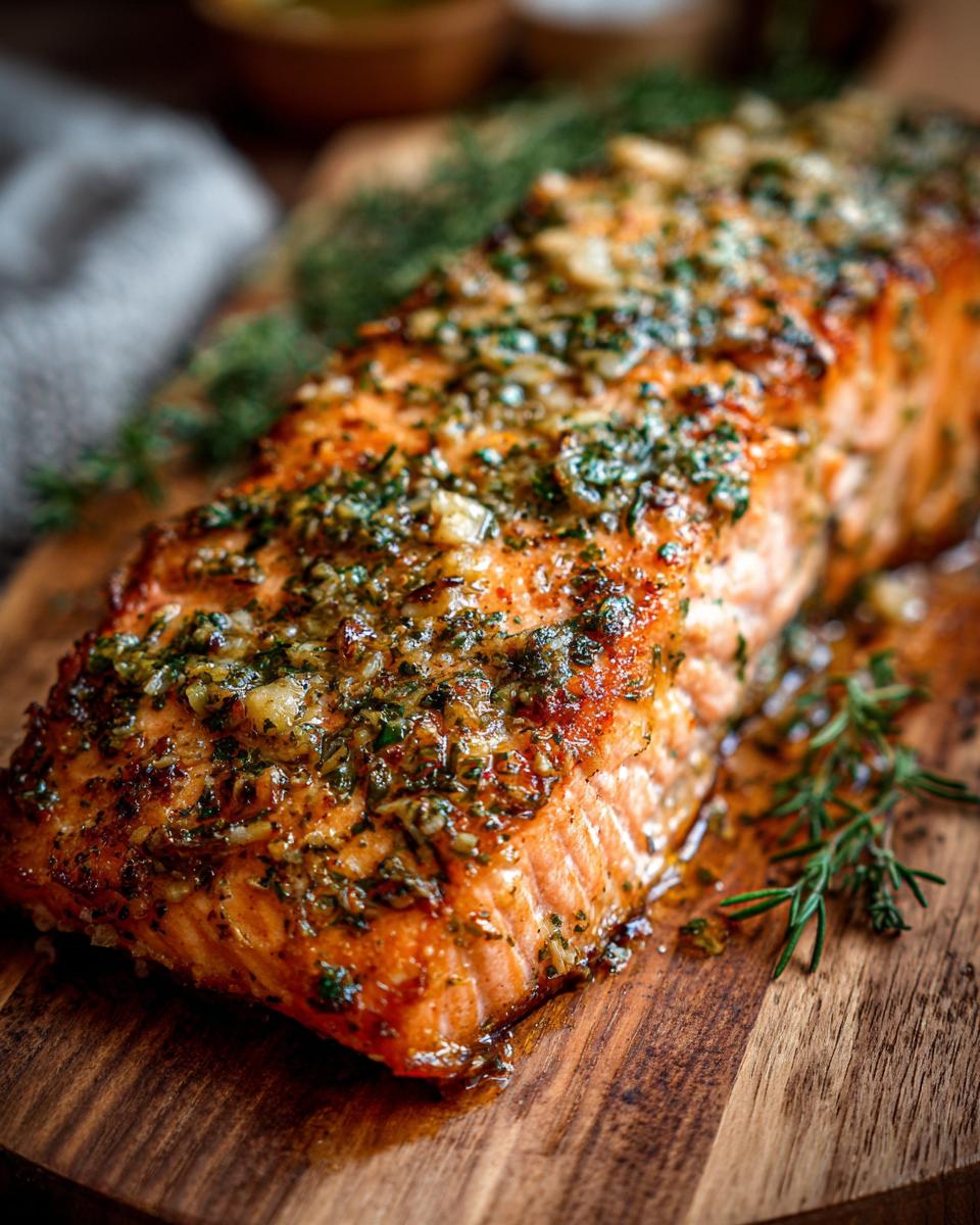 Close-up of Baked Lemon Garlic Salmon on a wooden board, garnished with fresh herbs.