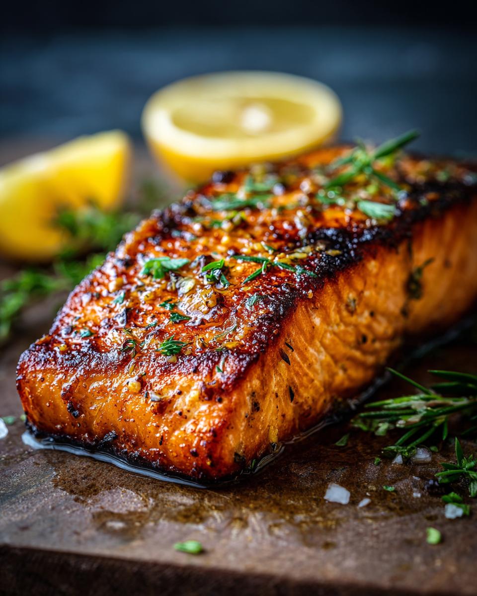 Close-up of a Baked Lemon Garlic Salmon fillet garnished with fresh rosemary and lemon slices.