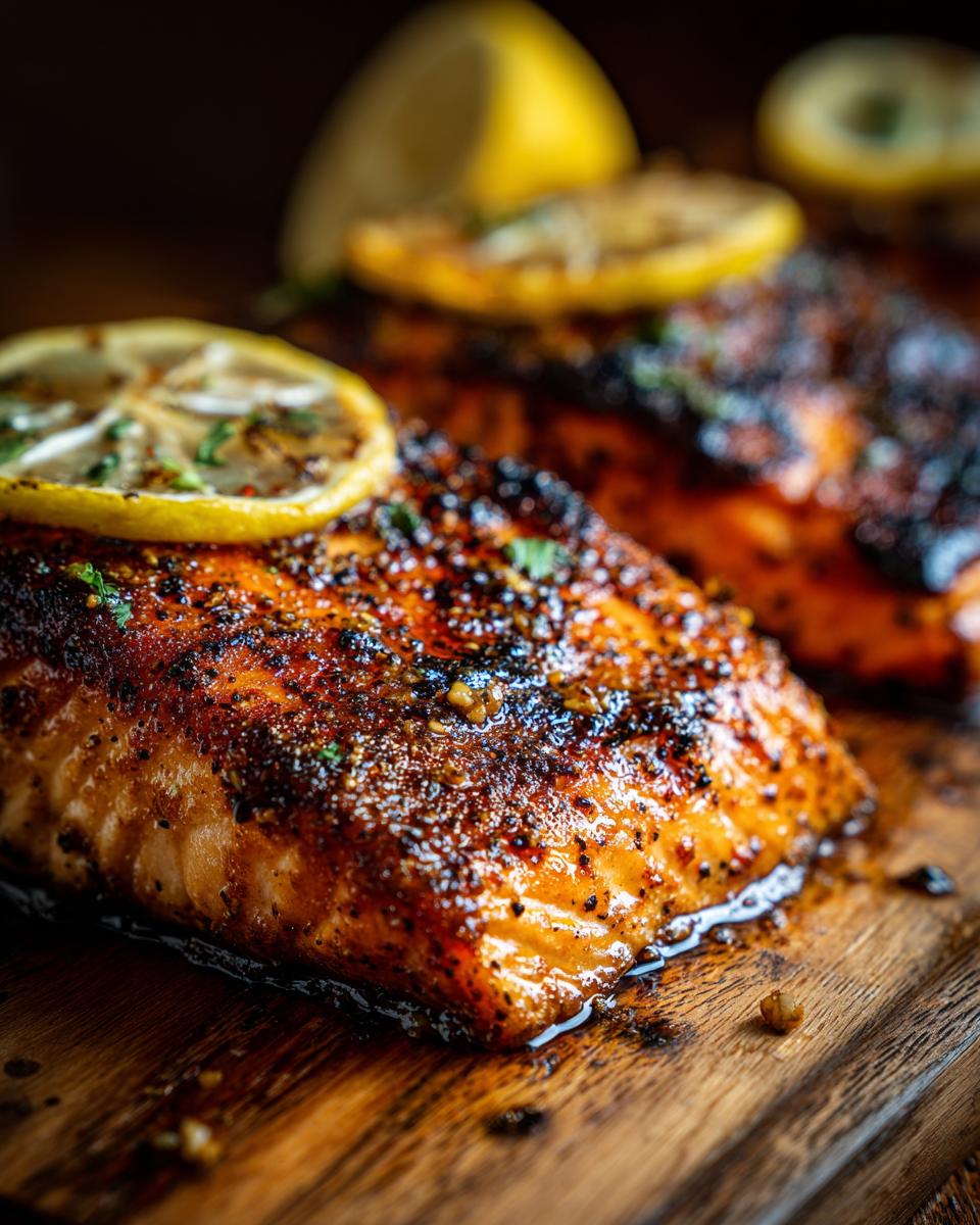 Close-up of Baked Lemon Garlic Salmon fillets, topped with lemon slices and herbs on a wooden board.