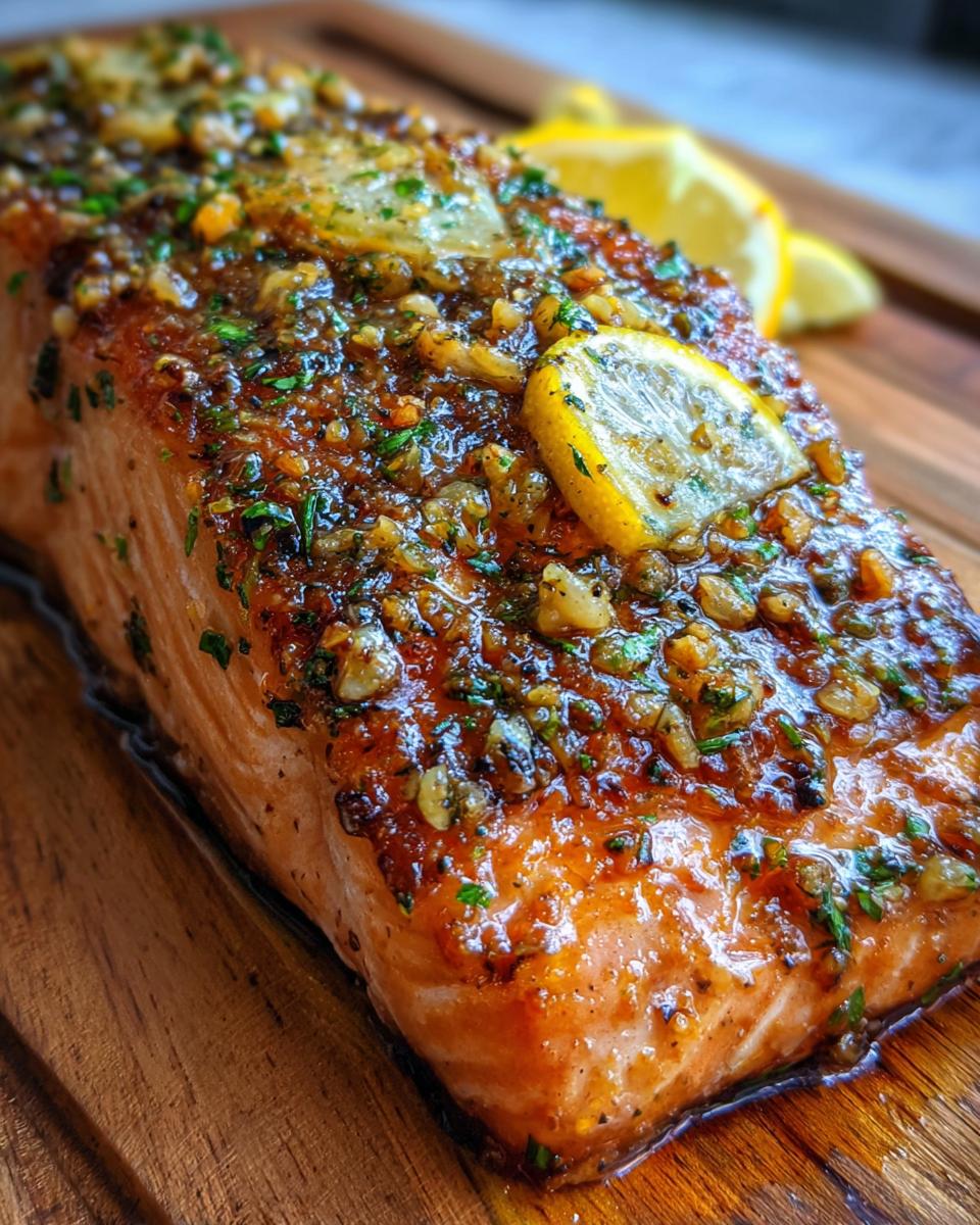 Close-up of Baked Lemon Garlic Salmon fillet on a wooden board, garnished with lemon slices and herbs.