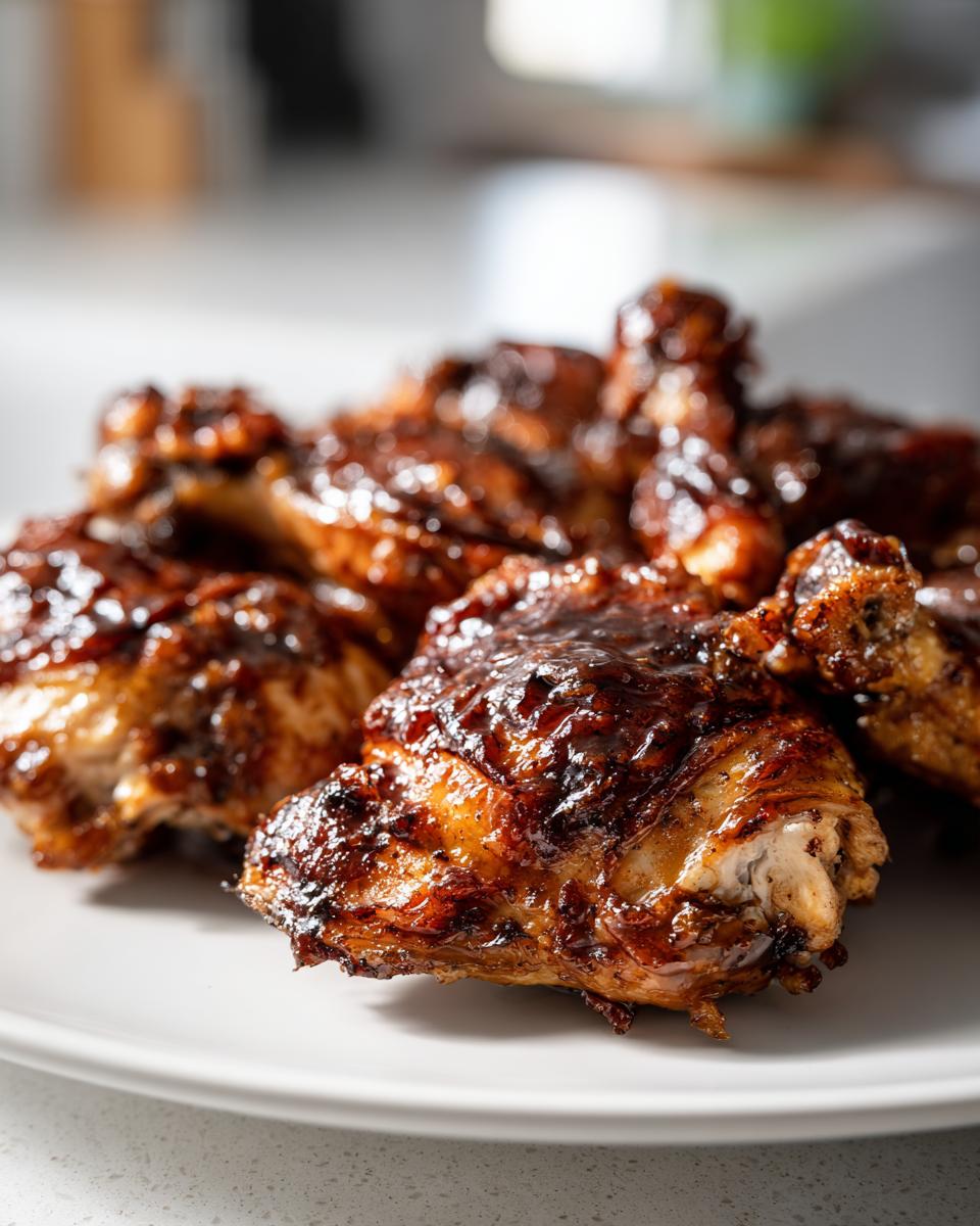 Close-up of juicy Balsamic Glazed Chicken pieces on a white plate, ready to serve.