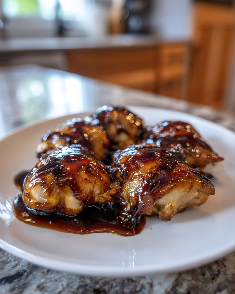 Close-up of Balsamic Glazed Chicken pieces on a white plate, glistening with sauce.