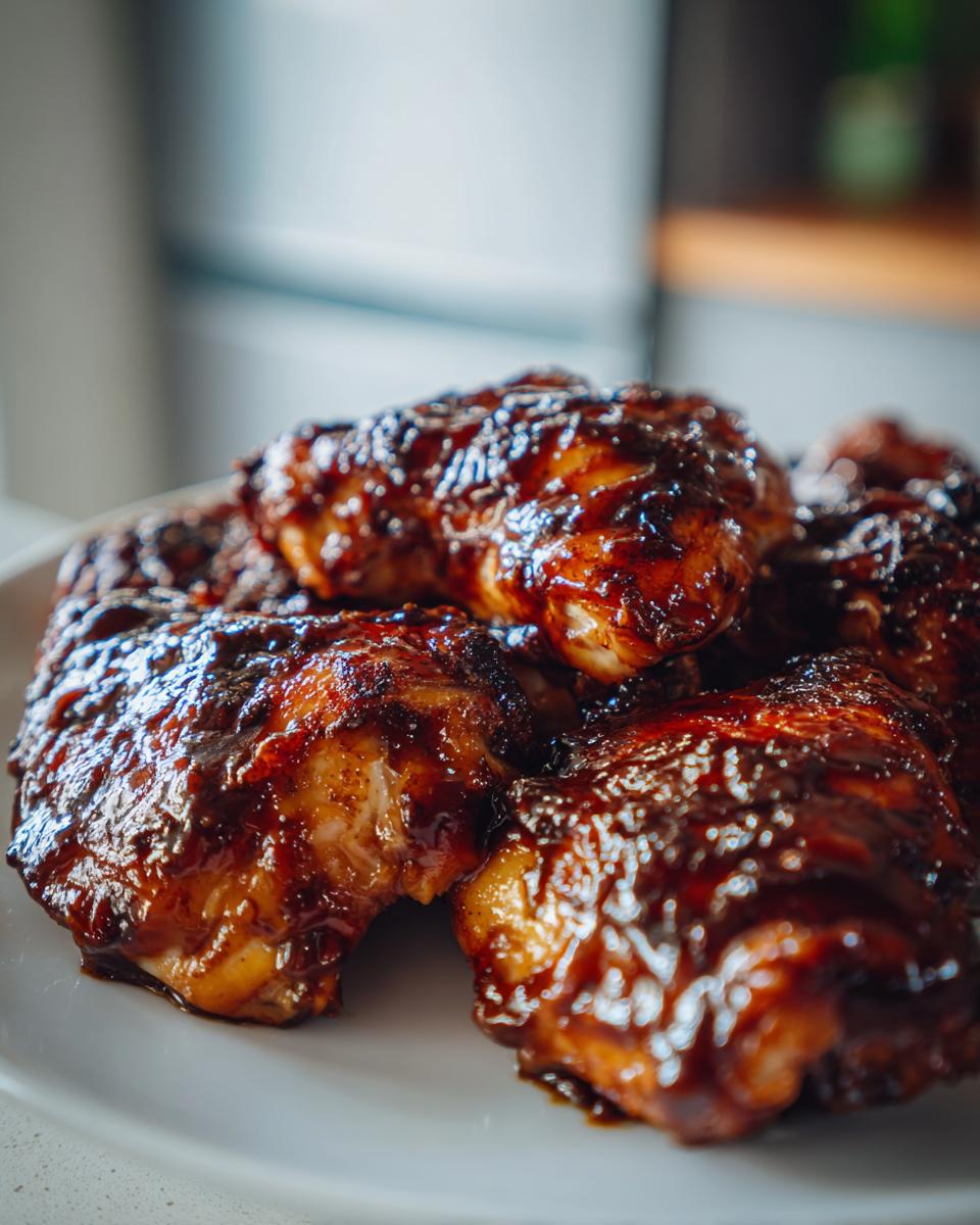 Close-up of juicy Balsamic Glazed Chicken pieces on a white plate, glistening with a rich, dark glaze.
