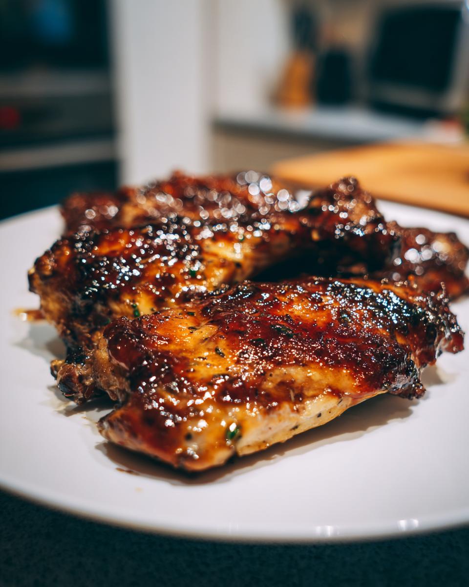Close-up of glistening Balsamic Glazed Chicken pieces on a white plate, ready to be served.