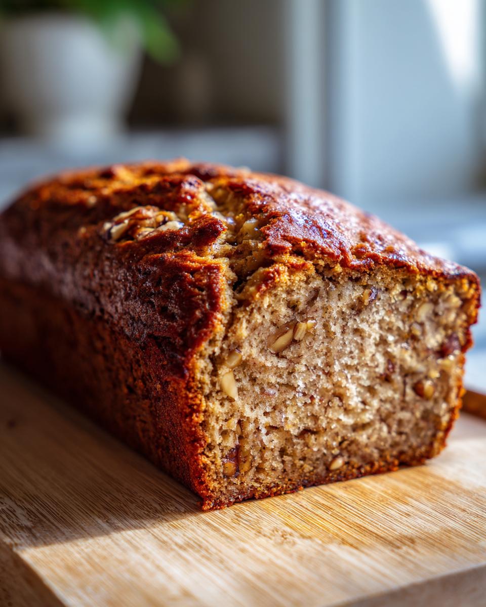 Close-up of a freshly baked loaf of Banana Bread with Nuts on a wooden cutting board.