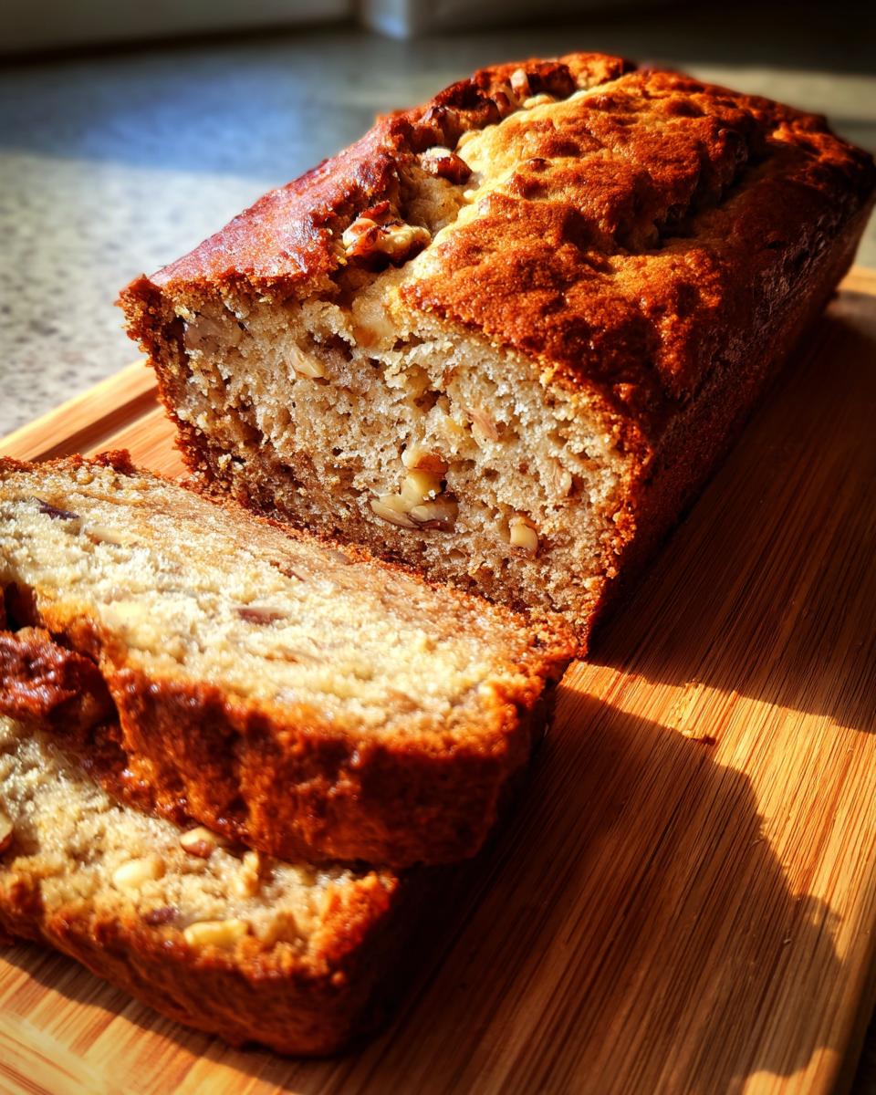 A loaf of Banana Bread with Nuts, partially sliced, sits on a wooden cutting board in natural light.