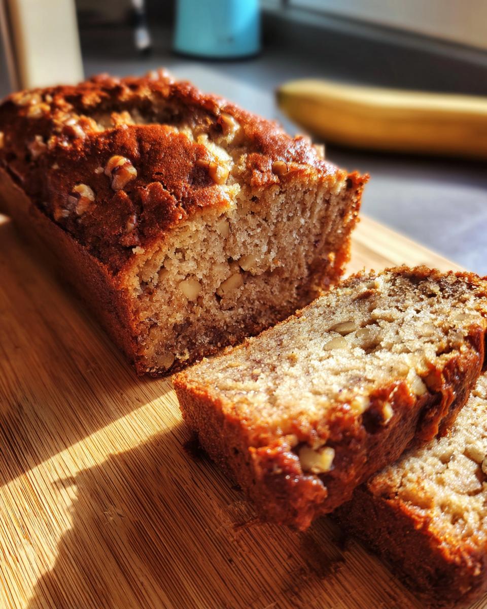 A loaf of Banana Bread with Nuts, partially sliced, sits on a wooden cutting board in natural light.