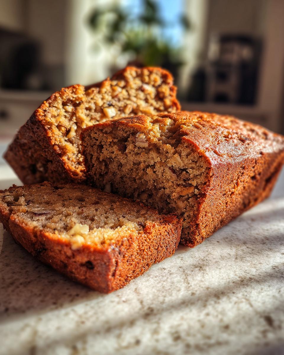 Close-up of slices of homemade Banana Bread with Nuts, showcasing the moist texture and visible nuts.