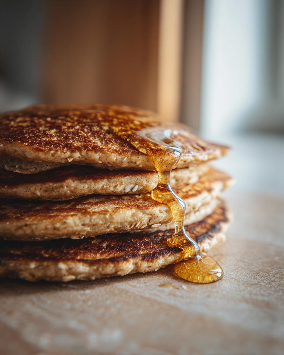 A stack of four Banana Oat Pancakes drizzled with golden syrup, ready to eat.