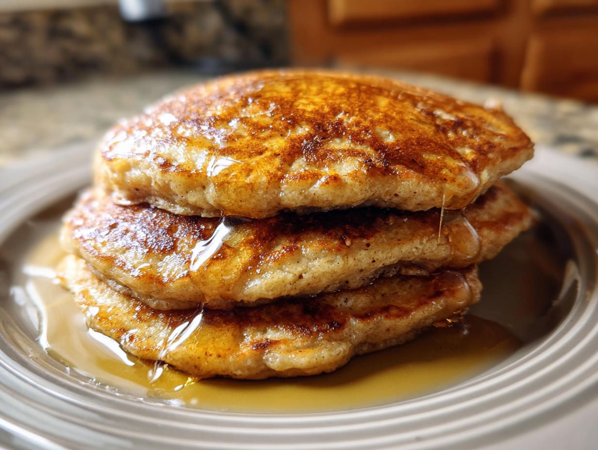 A stack of three golden Banana Oat Pancakes drizzled with syrup on a gray plate.
