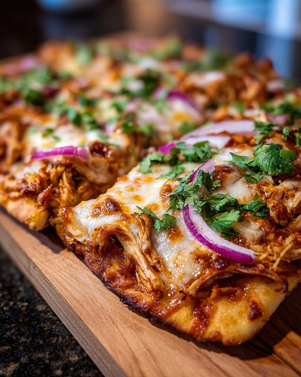 Close-up of BBQ Chicken Flatbread topped with cheese, red onion, and cilantro.