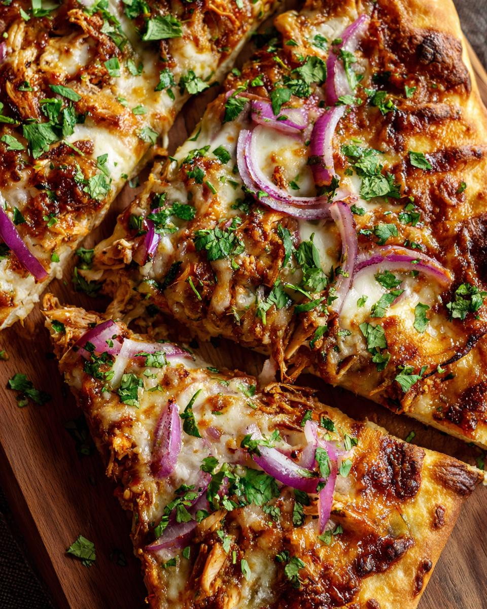 Close-up of sliced BBQ Chicken Flatbread with red onions, cilantro, and melted cheese on a wooden board.