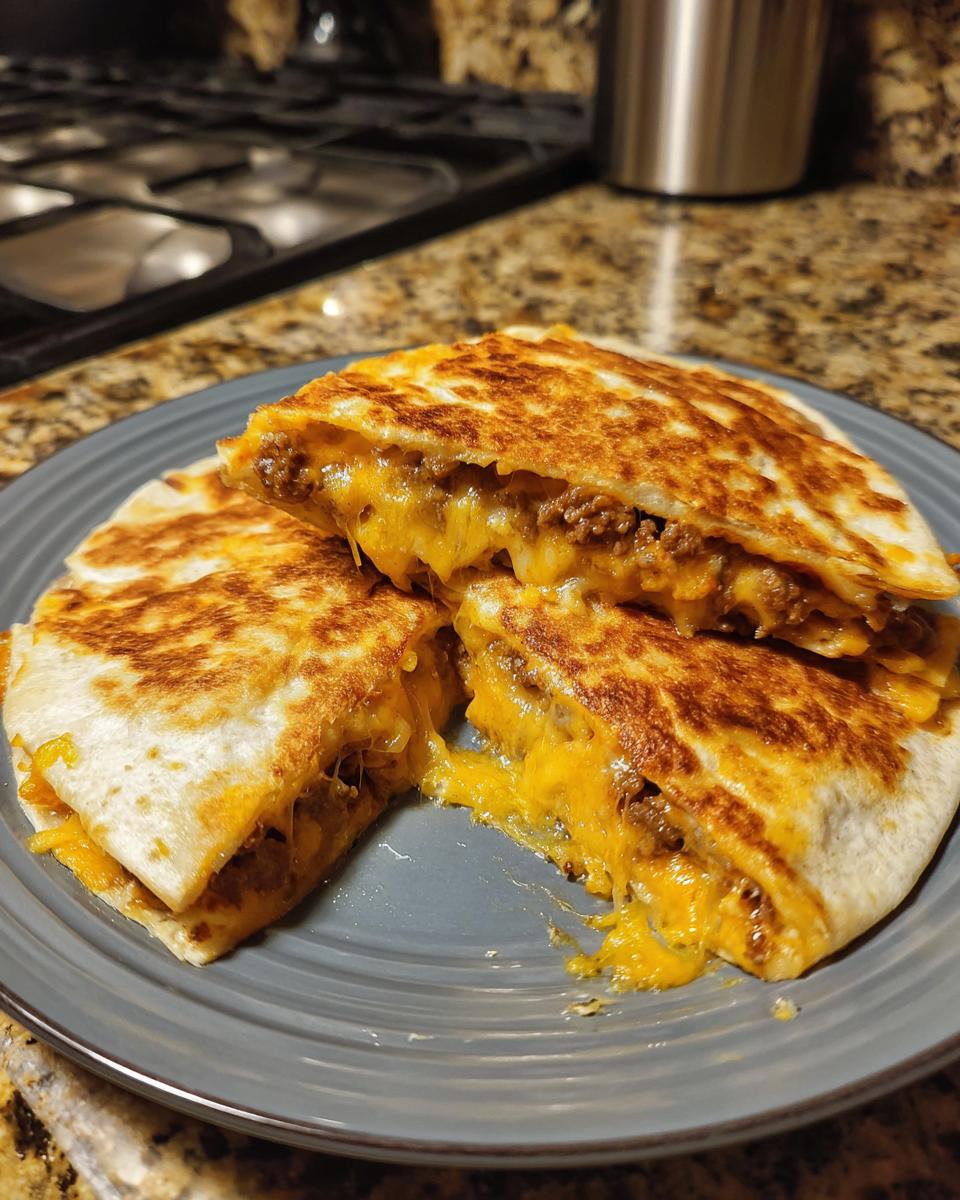 A stack of Beef and Cheese Quesadillas on a gray plate, showcasing the melted cheese and beef filling.