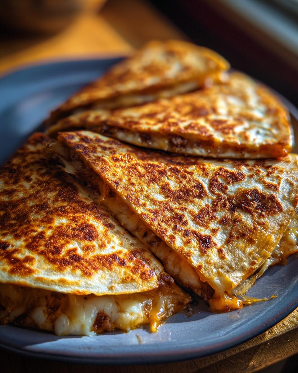 Close-up of stacked Beef and Cheese Quesadillas on a blue plate, showcasing melted cheese and golden-brown tortillas.