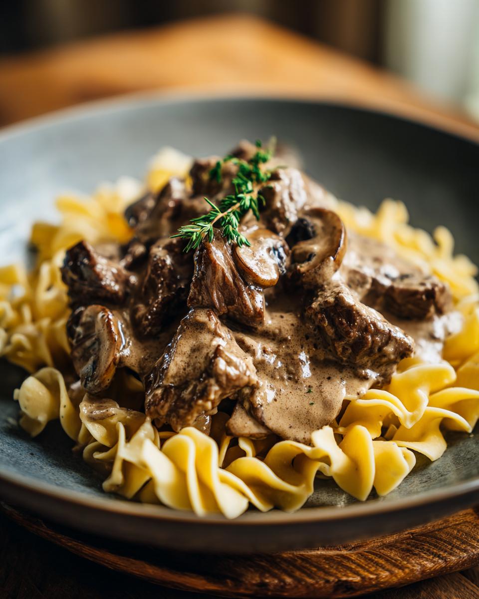 A serving of Beef Stroganoff featuring tender beef, mushrooms, and creamy sauce over egg noodles.