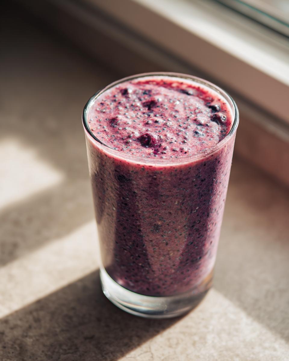 A glass filled with a vibrant berry breakfast smoothie, showcasing its rich color and texture.