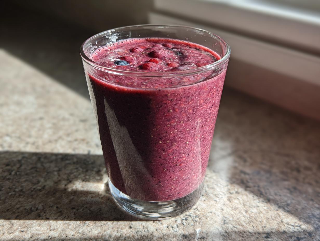 A glass filled with a vibrant berry breakfast smoothie, perfect for a quick and healthy meal.