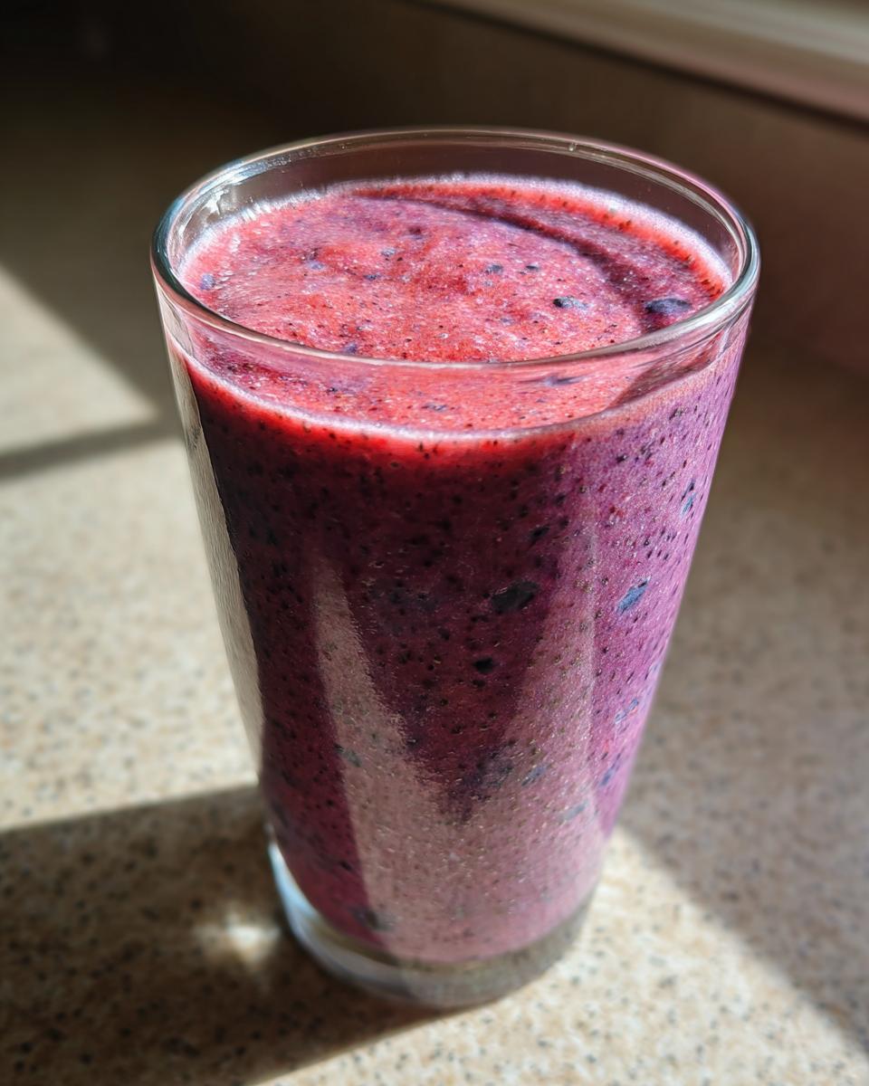 A glass filled with a vibrant purple and red Breakfast Smoothie Recipe, ready to enjoy.