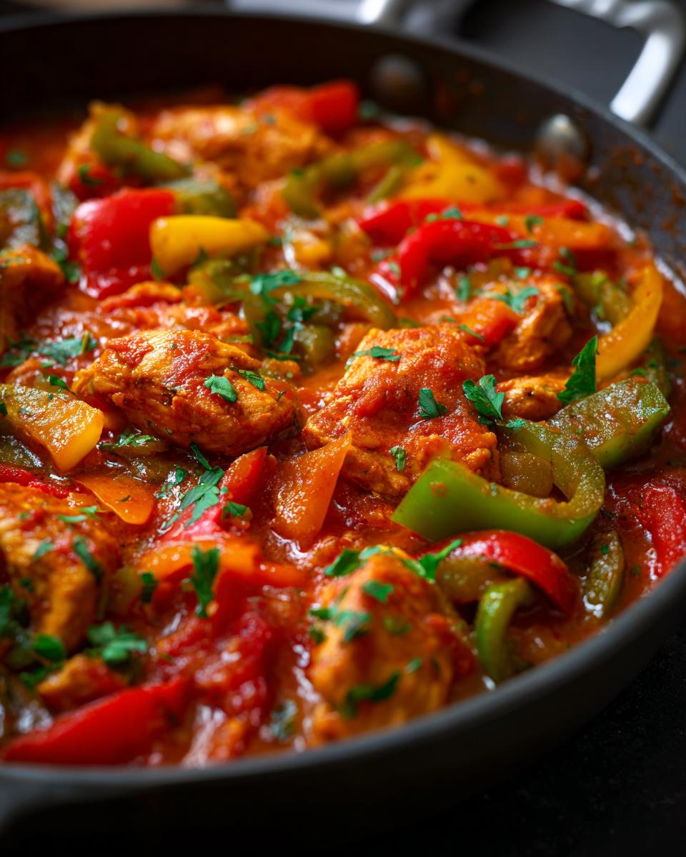 Close-up of a vibrant Cajun Chicken Skillet with colorful bell peppers and fresh parsley.