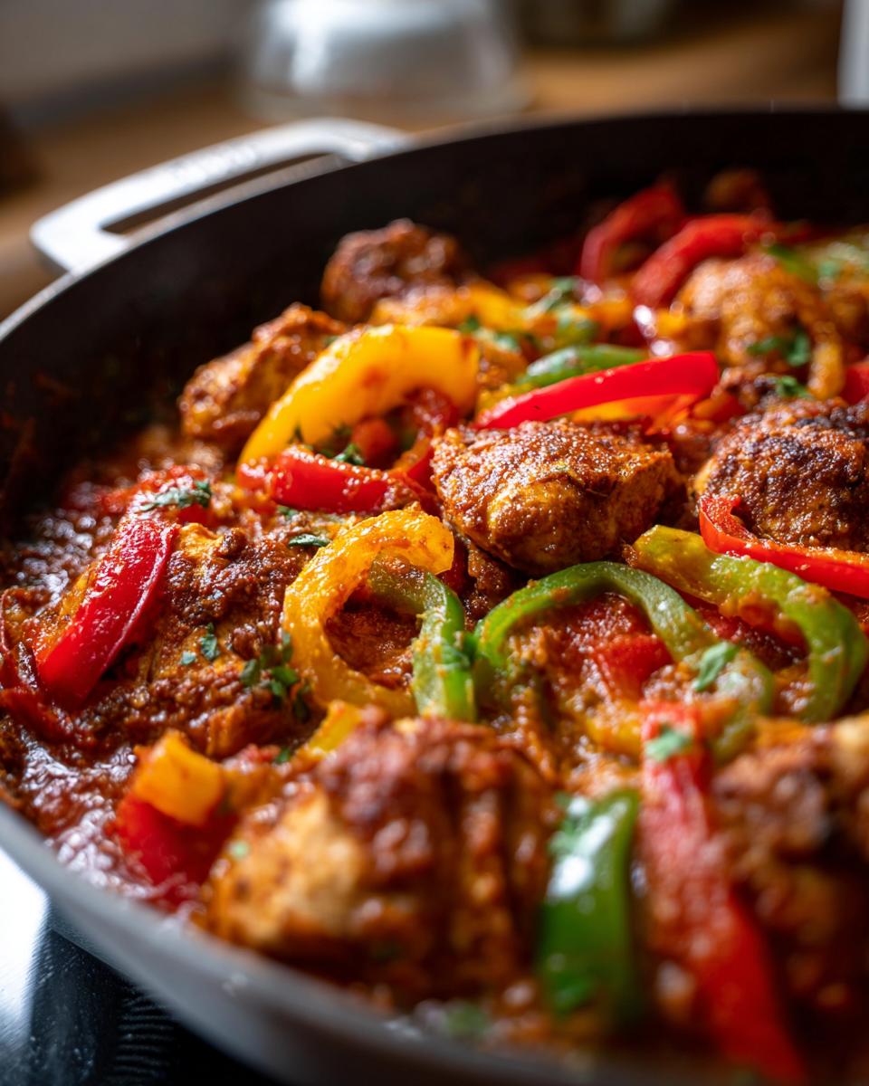 Close-up of a flavorful Cajun Chicken Skillet with colorful bell peppers in red, green, and yellow.