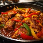 Close-up of a Cajun Chicken Skillet with colorful bell peppers, showcasing the rich sauce and seasoned chicken.