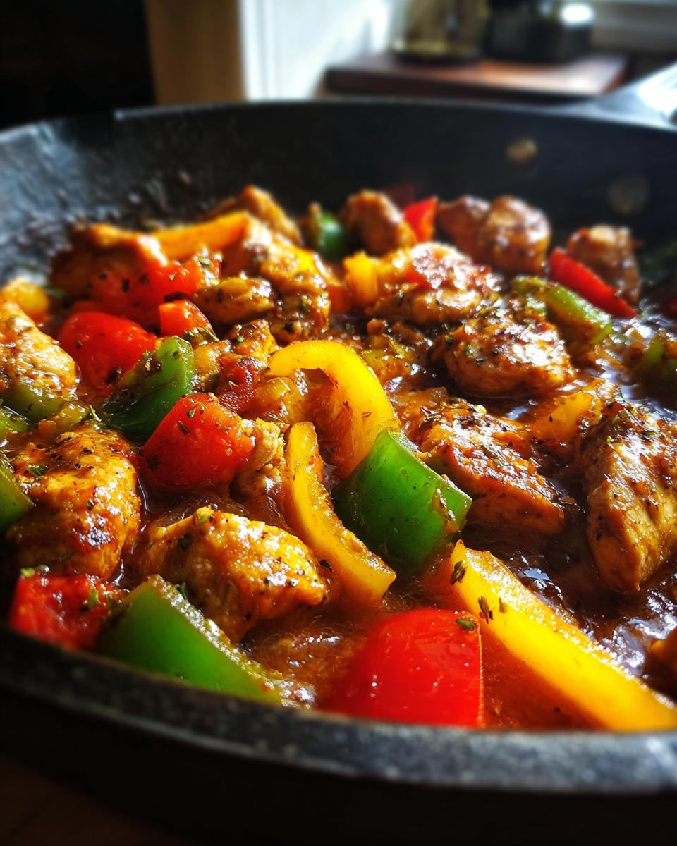 Close-up of a vibrant Cajun Chicken Skillet with chicken, red, green, and yellow bell peppers.