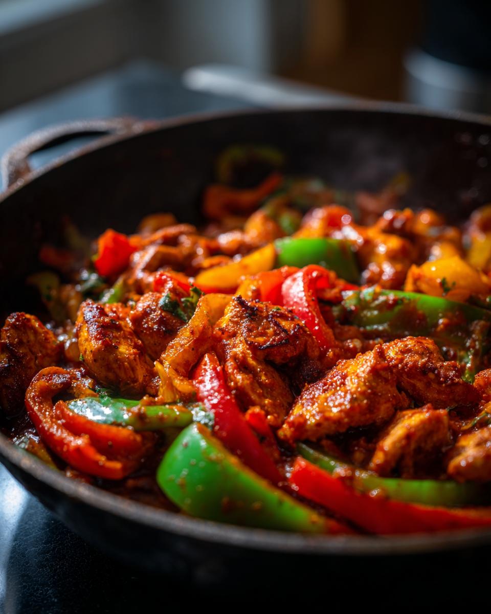Close-up of a vibrant Cajun Chicken Skillet with colorful bell peppers and seasoned chicken pieces.