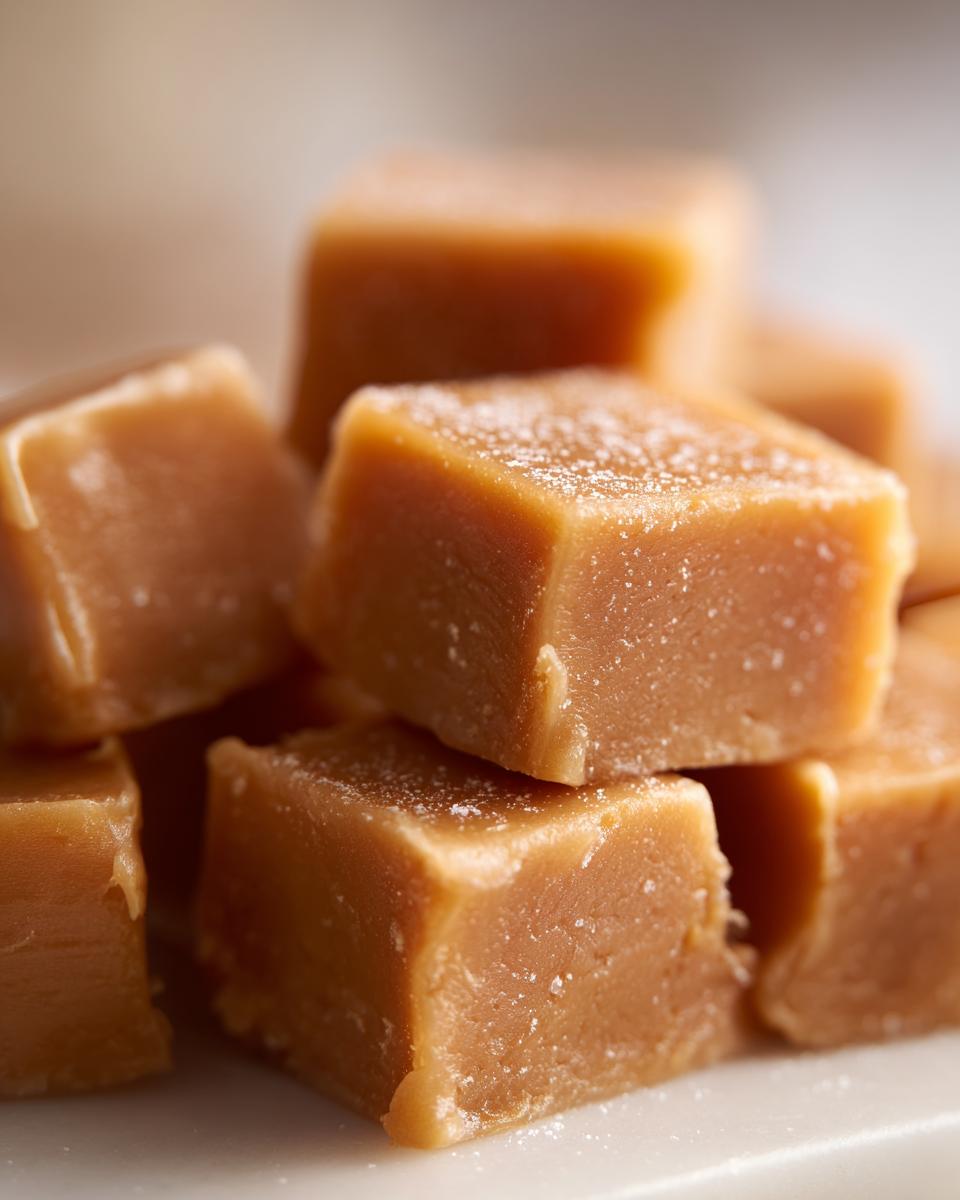 A close-up of a stack of homemade Caramel Candy Bites for Holidays, dusted with sugar.