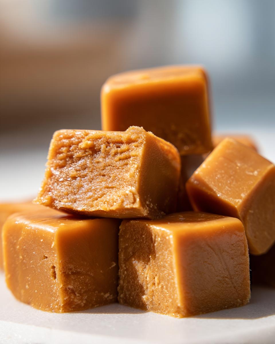 Close-up of a stack of delicious homemade Caramel Candy Bites for Holidays, one with a bite taken out.