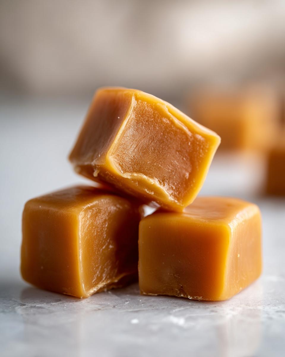 Close-up of a stack of three homemade Caramel Candy Bites for Holidays, showing their smooth, glossy texture.
