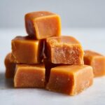 A stack of homemade Caramel Candy Bites, perfect for the holidays. Close-up shot on a white surface.