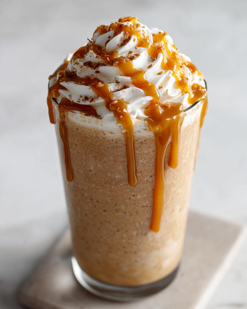 A tall glass filled with a Caramel Frappuccino Copycat, topped with whipped cream and caramel drizzle.