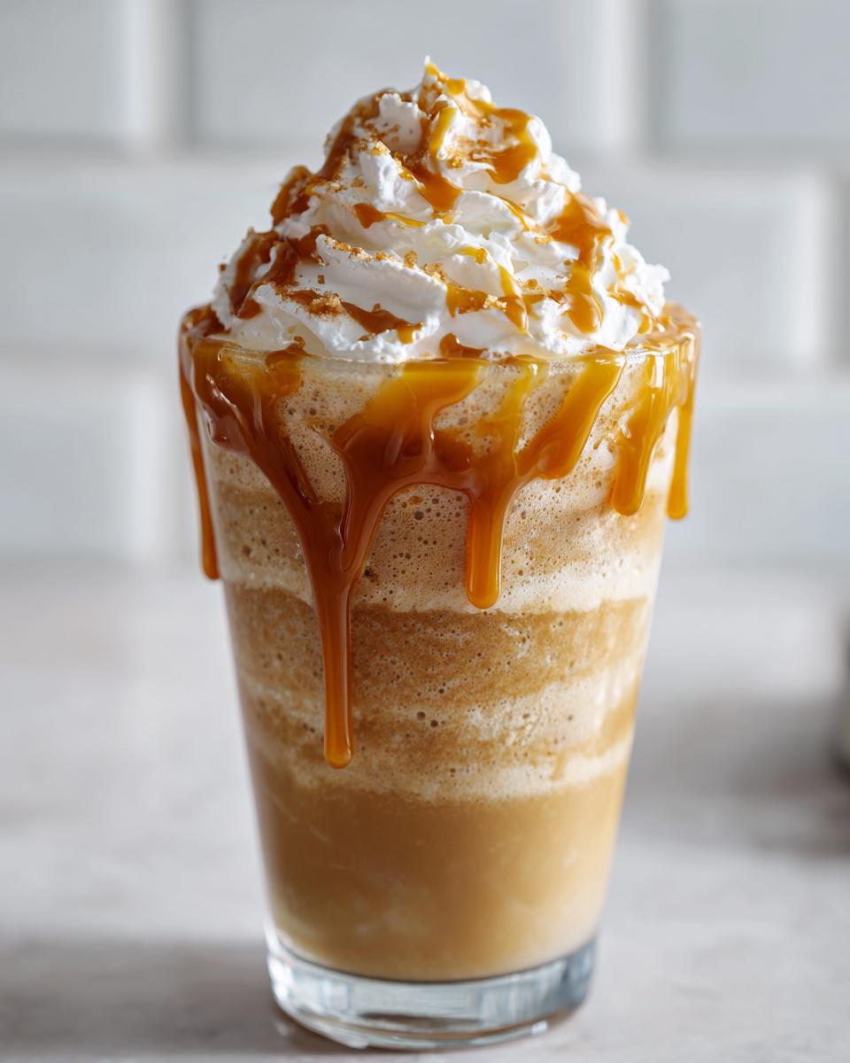 A tall glass of Caramel Frappuccino Copycat, topped with whipped cream and caramel drizzle.