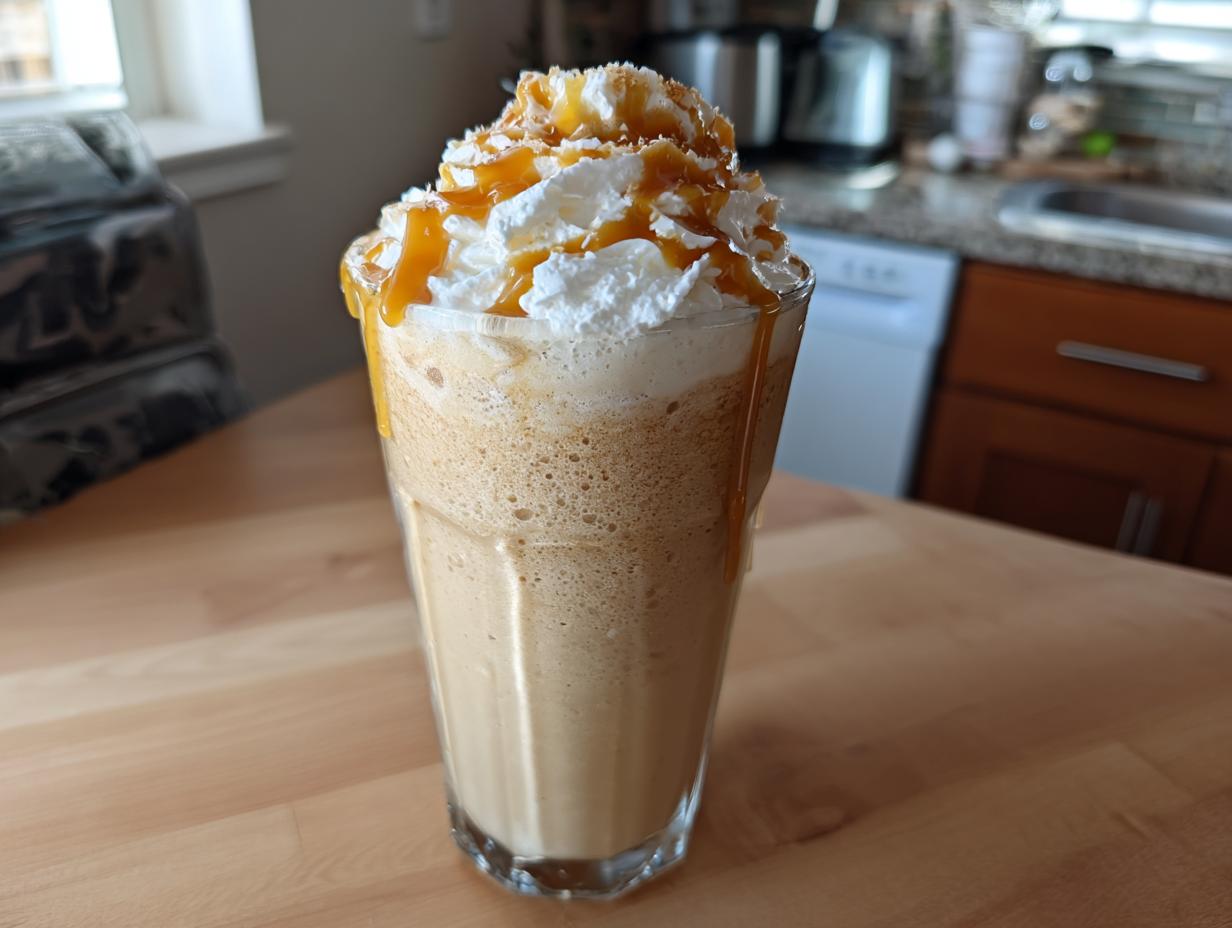 A tall glass of Caramel Frappuccino Copycat, topped with whipped cream and caramel drizzle.