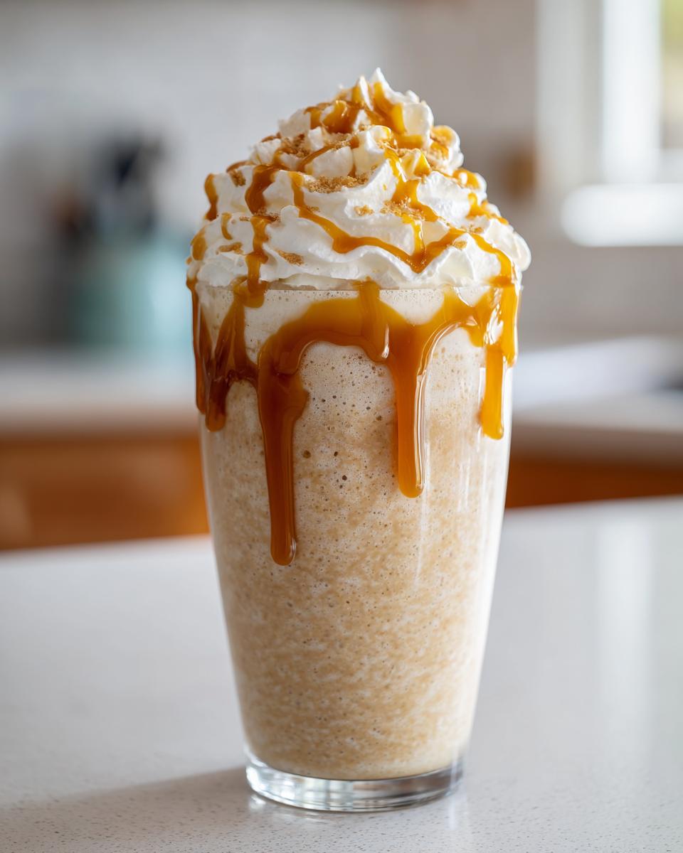 Tall glass of Caramel Frappuccino Copycat topped with whipped cream and caramel drizzle.