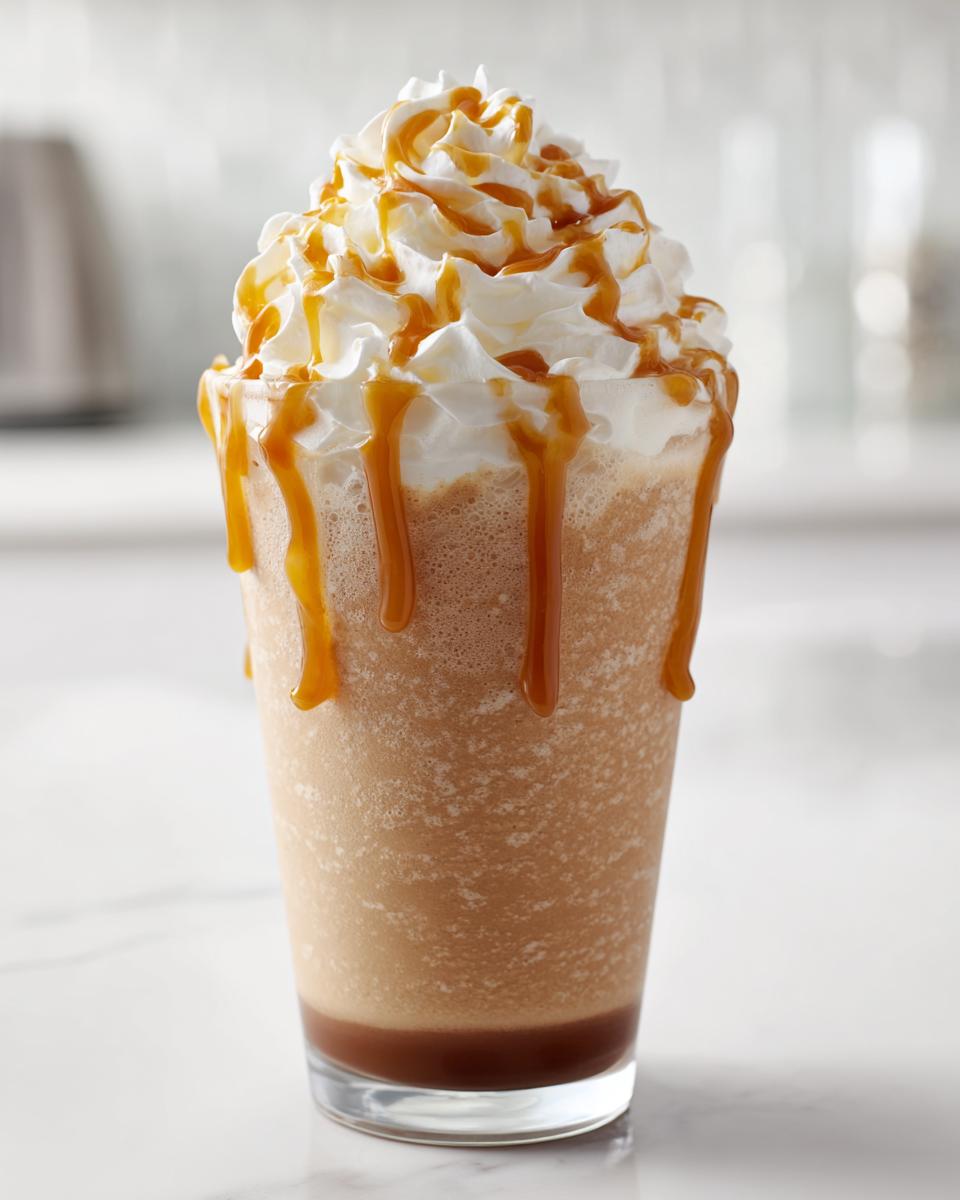 A delicious Caramel Frappuccino Copycat, topped with whipped cream and caramel drizzle.