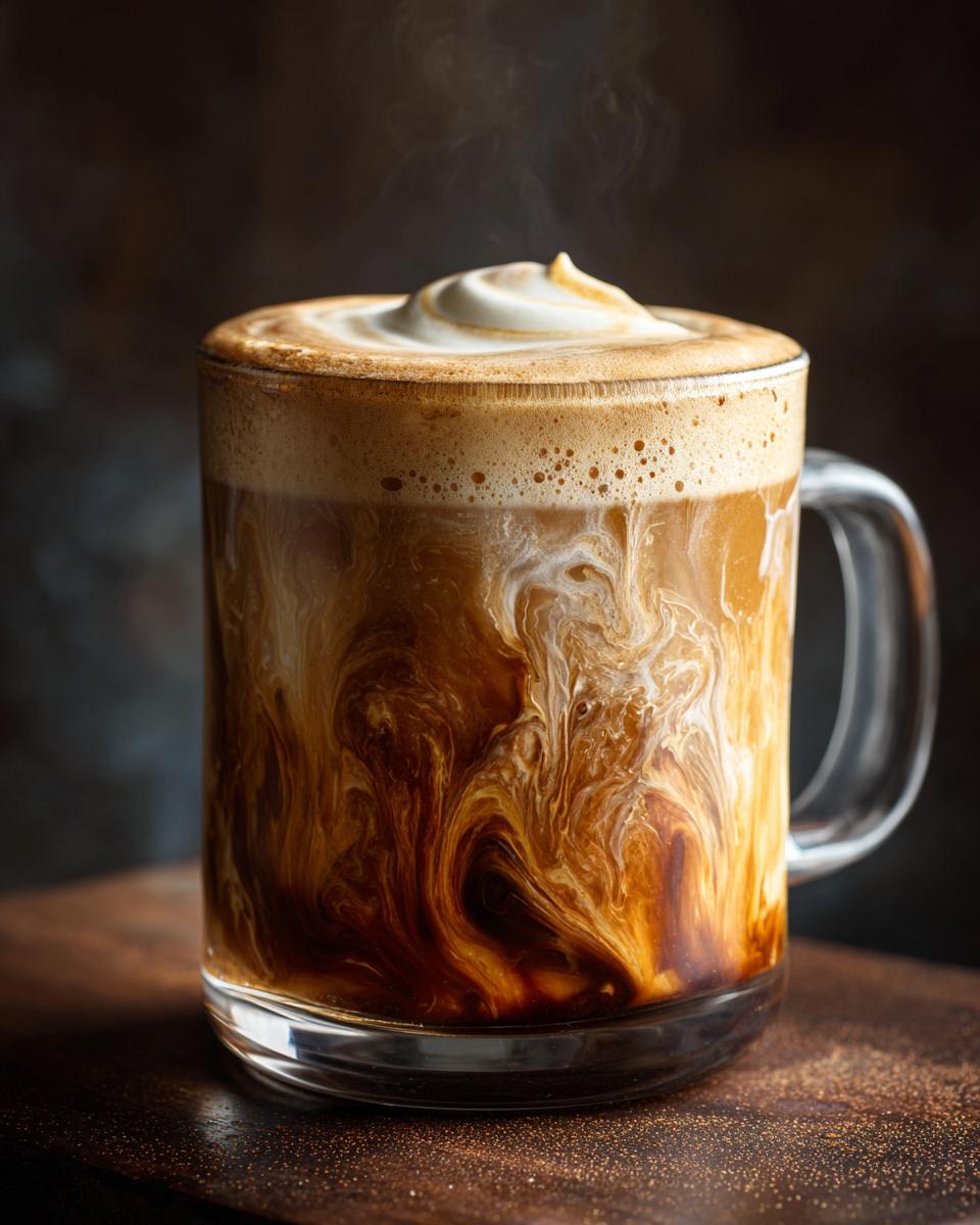 A steaming Chai Tea Latte in a clear glass mug, topped with whipped cream. Swirls of milk and tea are visible.