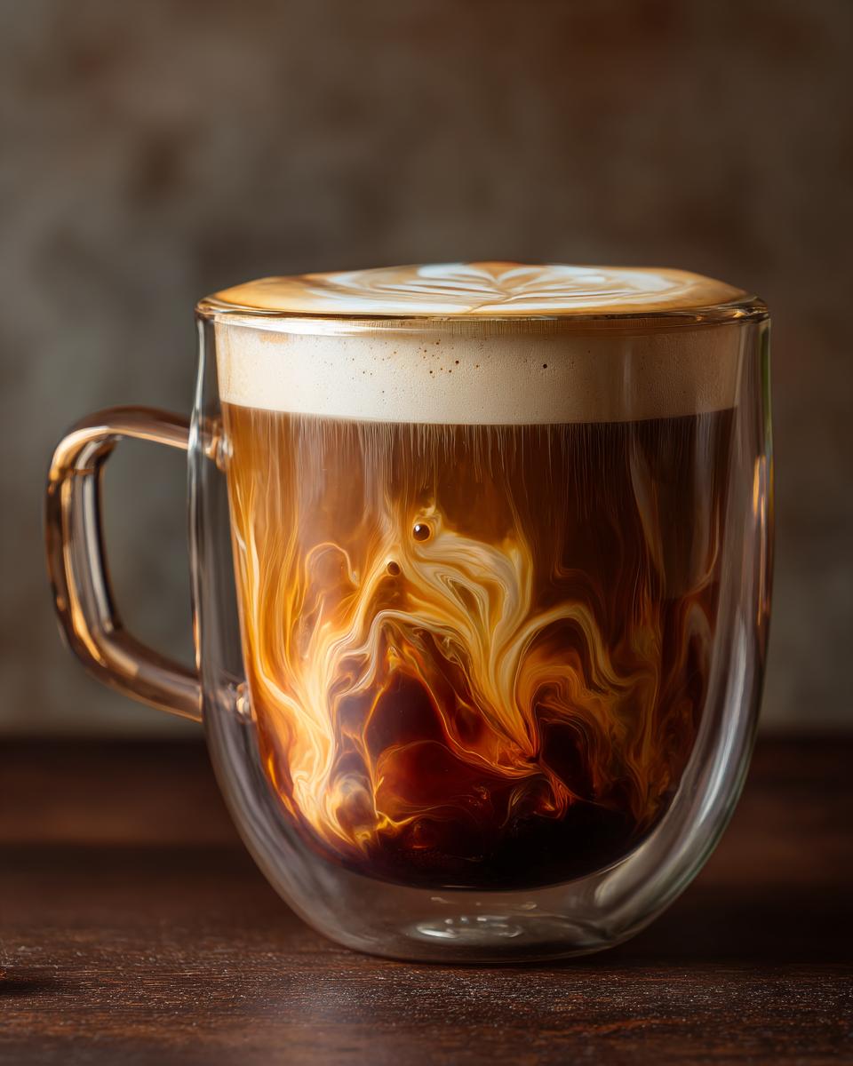 Close-up of a Chai Tea Latte in a clear glass mug, showing the swirling milk and tea layers.