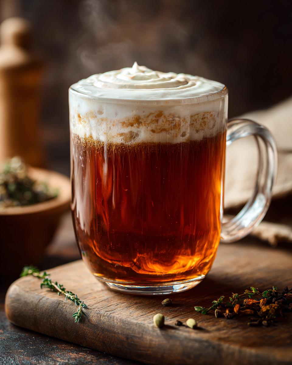 A steaming mug of Chai Tea Latte topped with whipped cream, sitting on a wooden board with spices.