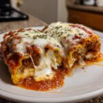 Two cheesy lasagna roll-ups on a white plate, topped with melted cheese, red sauce, and herbs.