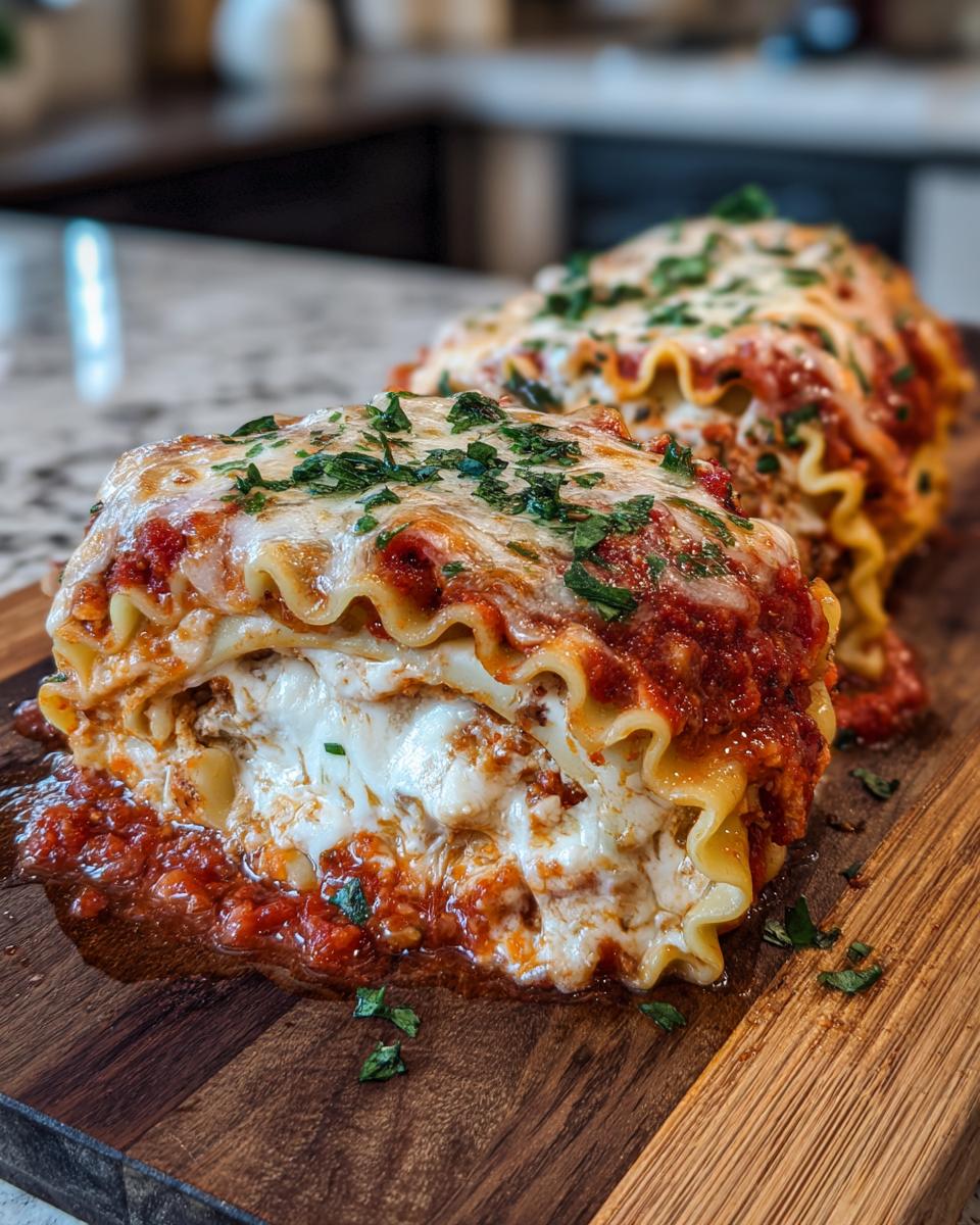 Close-up of Cheesy Lasagna Roll-Ups with layers of pasta, cheese, and sauce, garnished with parsley.