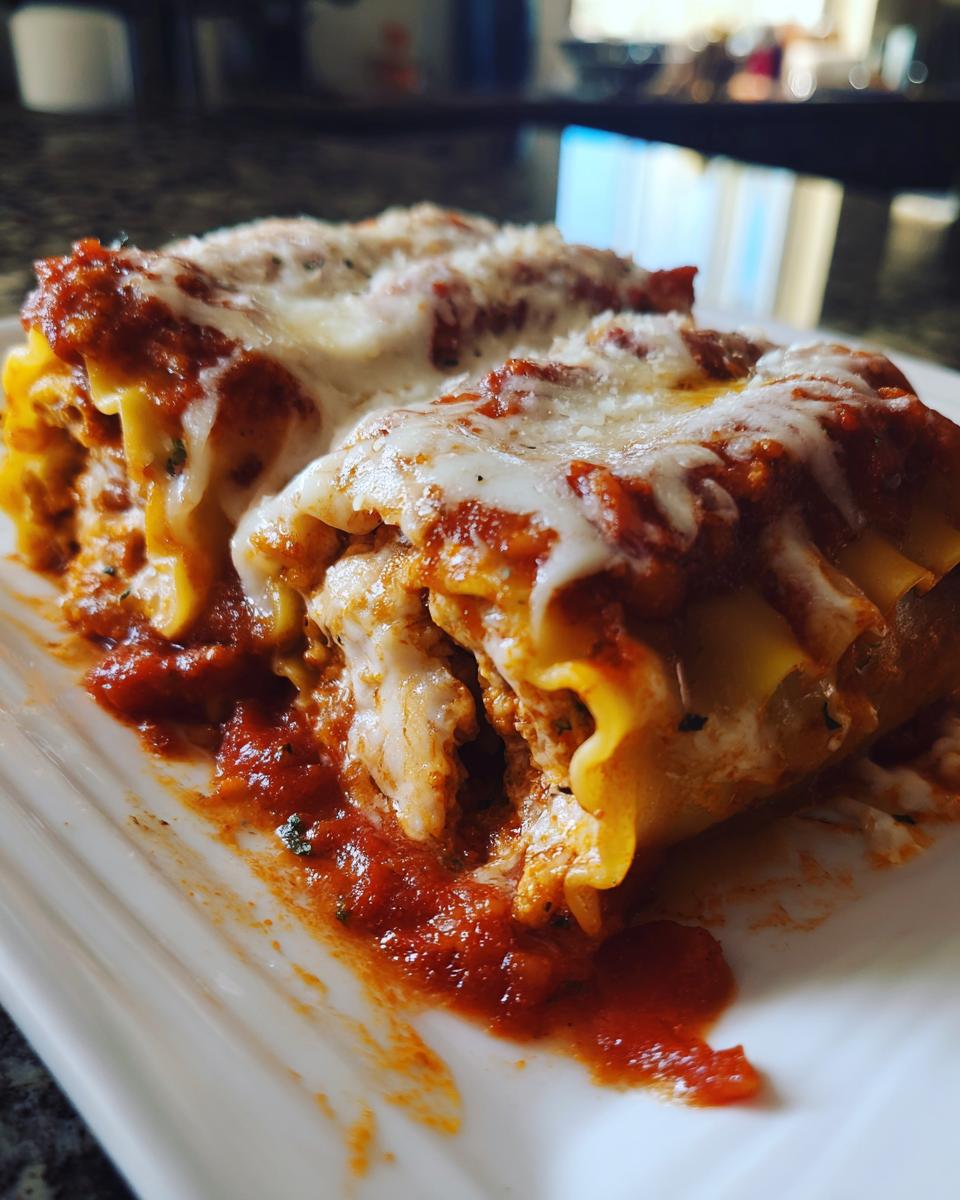 Two cheesy lasagna roll-ups on a white plate, topped with red sauce and melted cheese. Ready to eat cheesy lasagna roll-ups.