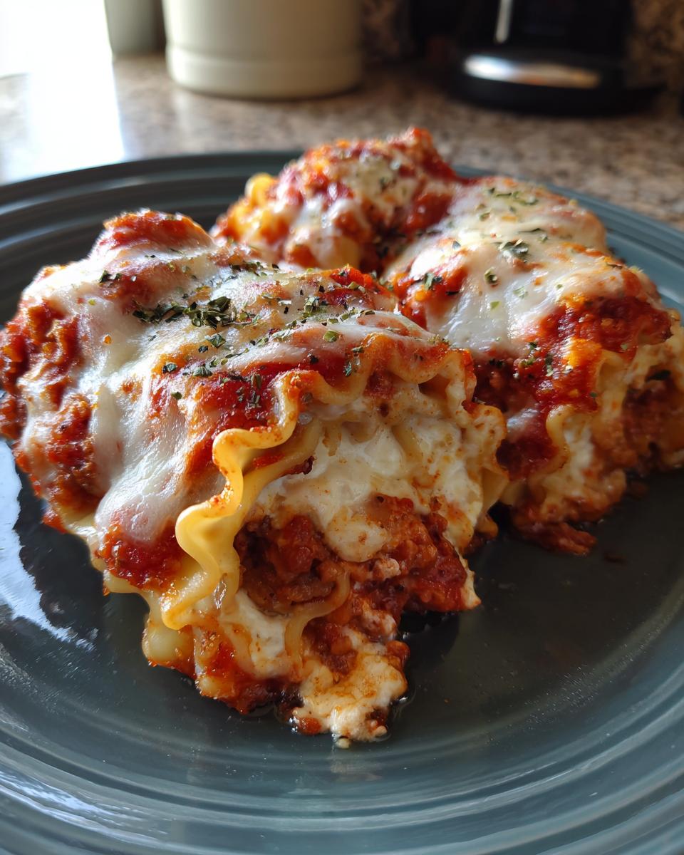 Three cheesy lasagna roll-ups on a blue plate, topped with melted cheese, red sauce, and herbs.