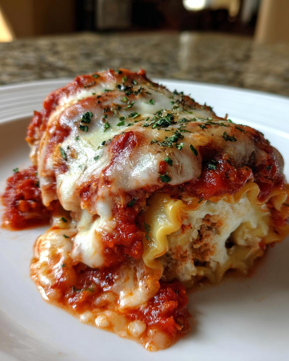 Close-up of a Cheesy Lasagna Roll-Up on a white plate, topped with melted cheese, red sauce, and herbs.