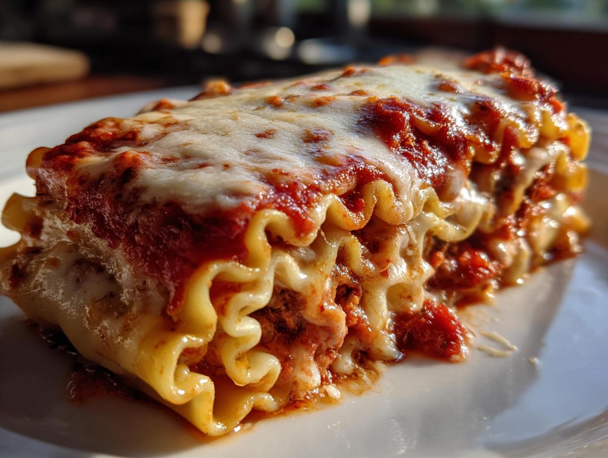Close-up of Cheesy Lasagna Roll-Ups with layers of pasta, meat sauce, and melted cheese on a white plate.